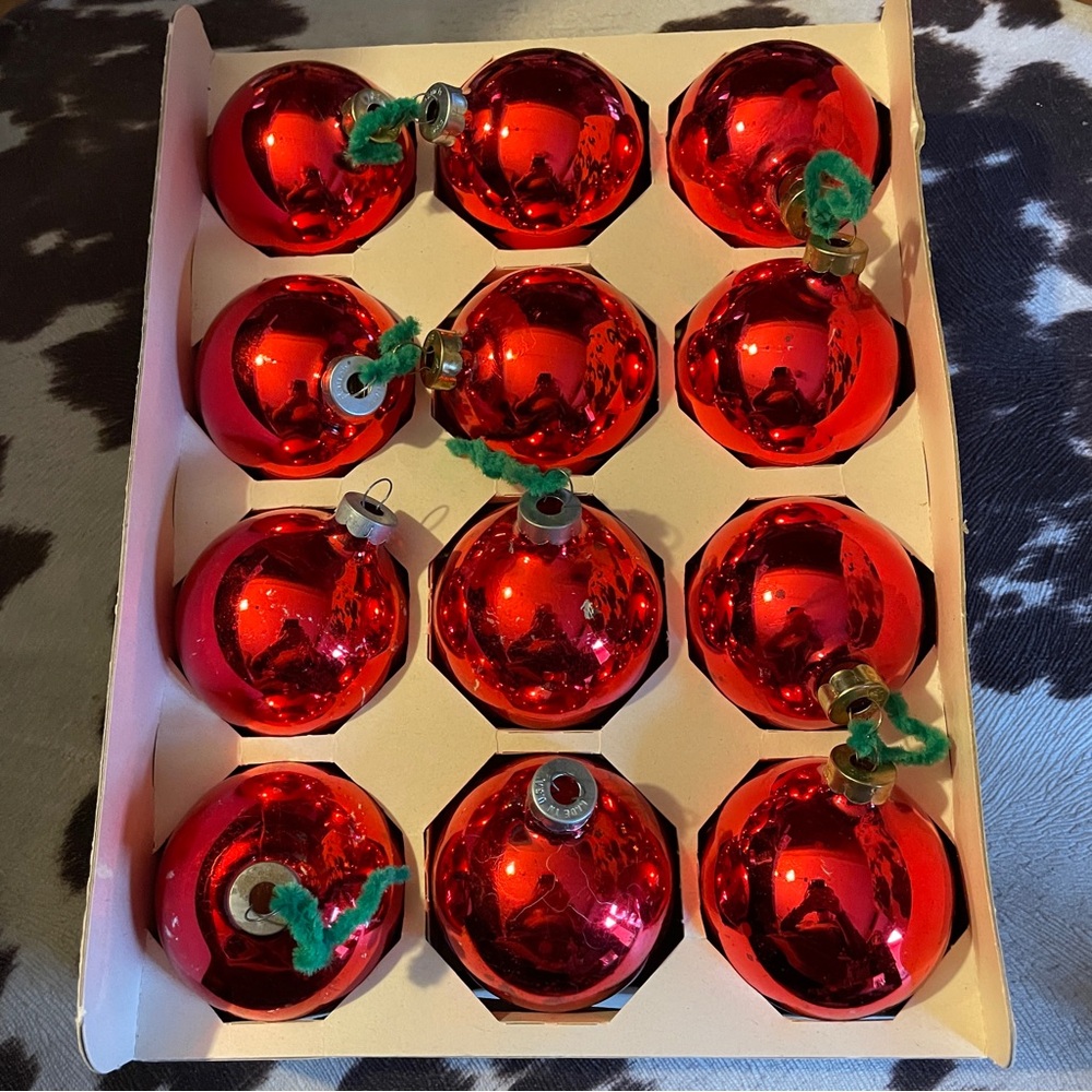 Vintage Holly Los Angeles Red Glass Christmas Ornaments Box of 12 Round 2.58"
